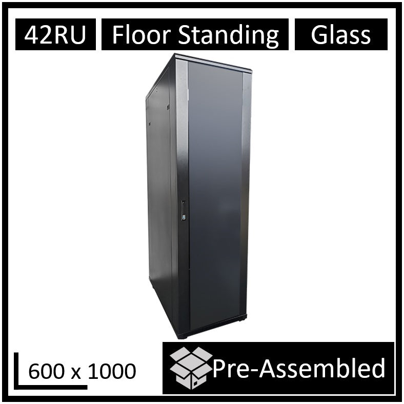 LDR Assembled 42U Server Rack Cabinet (600mm x 1000mm) Glass Door, 1x 8-Port PDU, 1x 4-Way Fan, 2x Fixed Shelves - Black Metal Construction