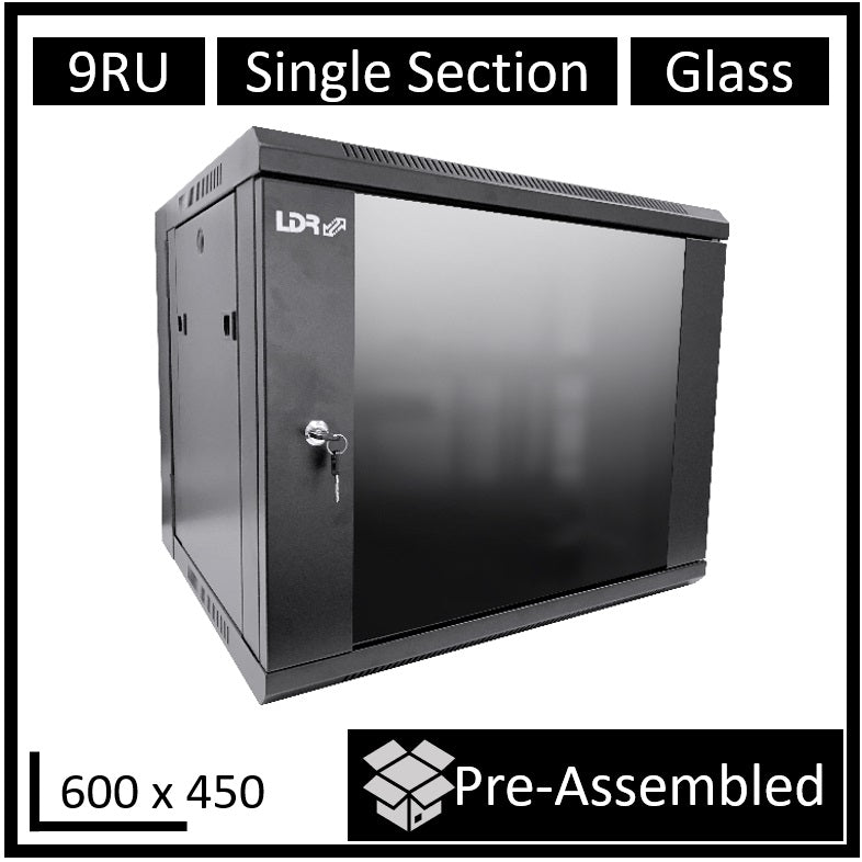 LDR Assembled 9U Wall Mount Cabinet (600mm x 450mm) Glass Door - Black Metal Construction - Top Fan Vents - Side Access Panels