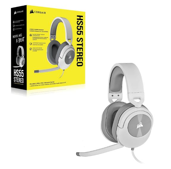 Corsair HS55 White Stereo Gaming Headset, PS5 3D Audio PS, Switch, Discord Certified, Ultra Comfort Foam, 3.5mm Wired (LS)