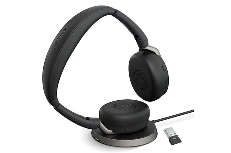 Jabra Evolve2 65 Flex MS Stereo Bluetooth Headset, Link380a USB-A Dongle & Wireless Charging Stand Included, Foldable Design, 2Yr Warranty