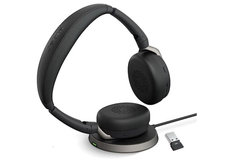 Jabra Evolve2 65 Flex MS Stereo Bluetooth Headset, Link380c USB-C Dongle & Wireless Charging Stand Included, Foldable Design, 2Yr Warranty
