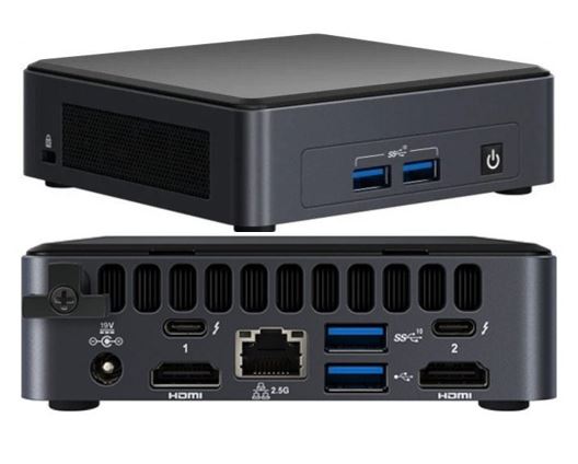 Intel NUC i5-1145G7 vPro 4.2 GHz 2xDDR4 SODIMM M.2 SSD 4xDisplays Iris Xe 2xHDMI 2xDP via USB-C 2xThuderbolt WiFi6 4xUSB GbE LAN no AC Cord