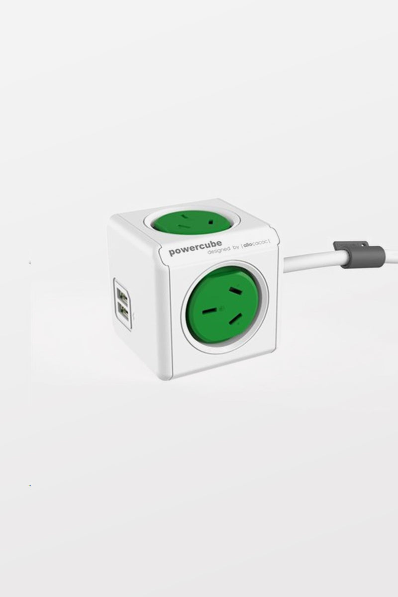 ALLOCACOC POWERCUBE Extended 4 Outlets Power Board with 2 USB 1.5 Meter Extension Cord, 240V, 10A - Green (0091) 5400/5420 (5400AUEUPCGRN)