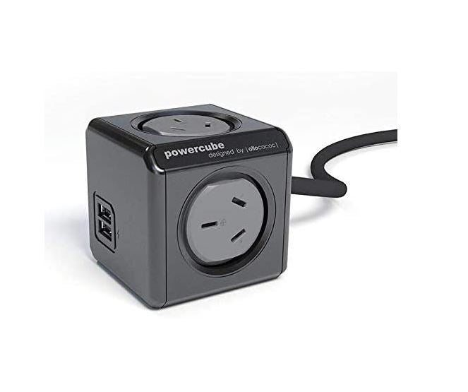 ALLOCACOC POWERCUBE Extended USB 4 Outlets-2 USB, 3M WITH SURGE in Black  New