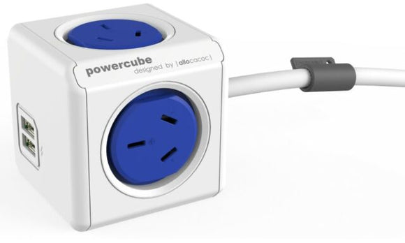 ALLOCACOC POWERCUBE Extended 4 Outlets Power Board with 2 USB 3M - Blue. OW (5424AUEUPCBL) 5424AUEUPCBLU