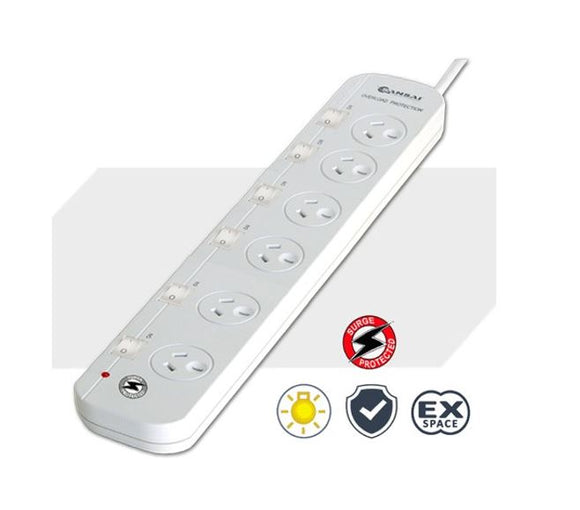 Sansai 6-Way Power Board (661SW) with Individual Switches and Surge Protection Overload Protected Reset button Indicator Light 100CM Lead 240VAC 10A