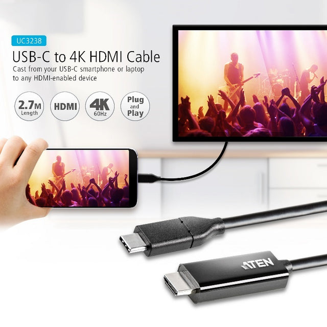 Aten USB-C to HDMI 4K 2.7m Cable, supports up to 4K @ 60Hz with high quality cable