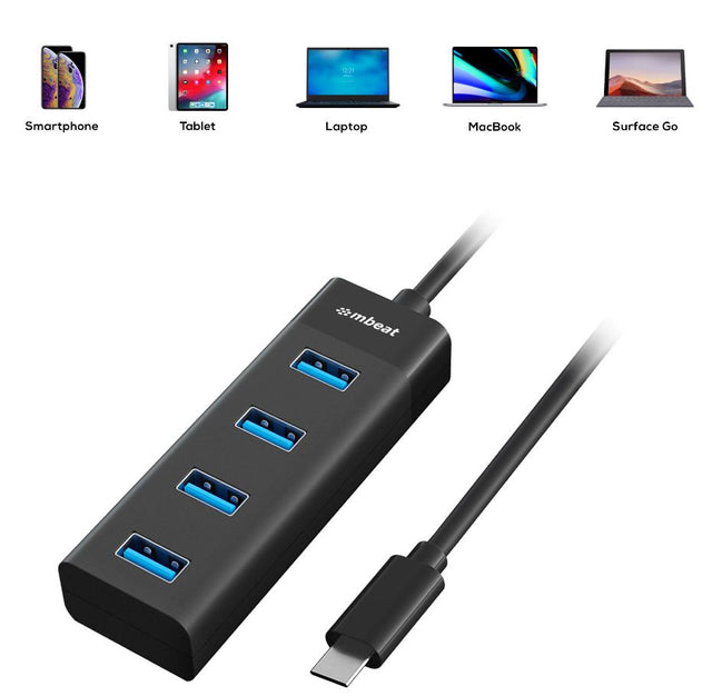 mbeat® USB-C to 4-Port 3.0 Hub - Black