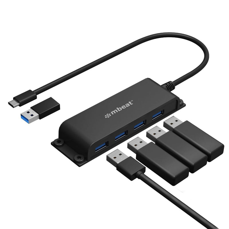 mbeat® Mountable 4-Port USB-A & USB-C Adapter Hub - 60cm Data Cable, USB 3.0, 2.0 High-Speed Data Port Expansion, Save Space Mounting Solution