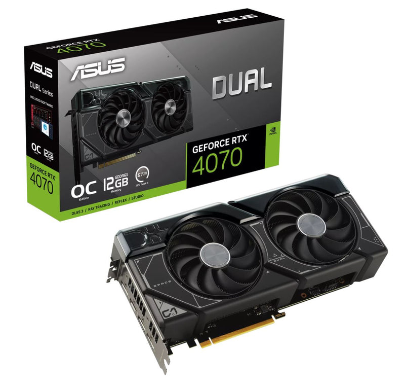 ASUS nVidia GeForce DUAL-RTX4070-O12G RTX4070 12GB GDDR6X OC Edition,  2520 MHz Boost Clock, RAM 21Gbps, 3xDP, 1xHDMI, 267x134x51mm