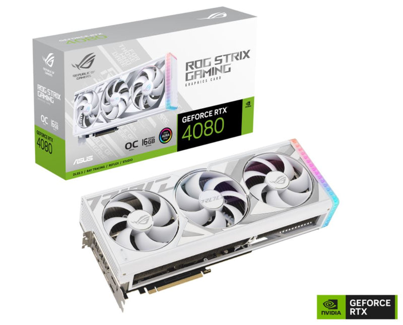 ASUS nVidia GeForce ROG-STRIX-RTX4080-O16G-WHITE RTX4080 16GB GDDR6X White OC Edition, 2625 MHz Boost Clock, RAM 22.4 Gbps, 3xDP, 2xHDMI, 357.6x149.3x