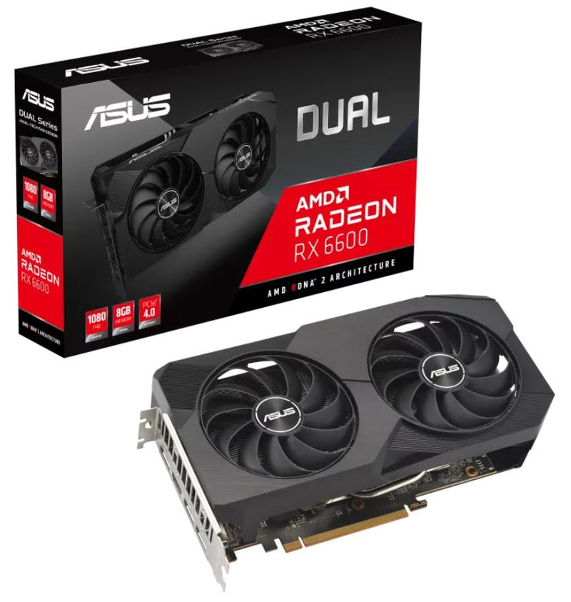 ASUS AMD Radeon DUAL-RX6600-8G-V2 RX 6600 V2 8GB GDDR6, 2491 MHz Boost Clock, RAM 14 Gbps, 3xDP, 1xHDMI, 243x134x49mm