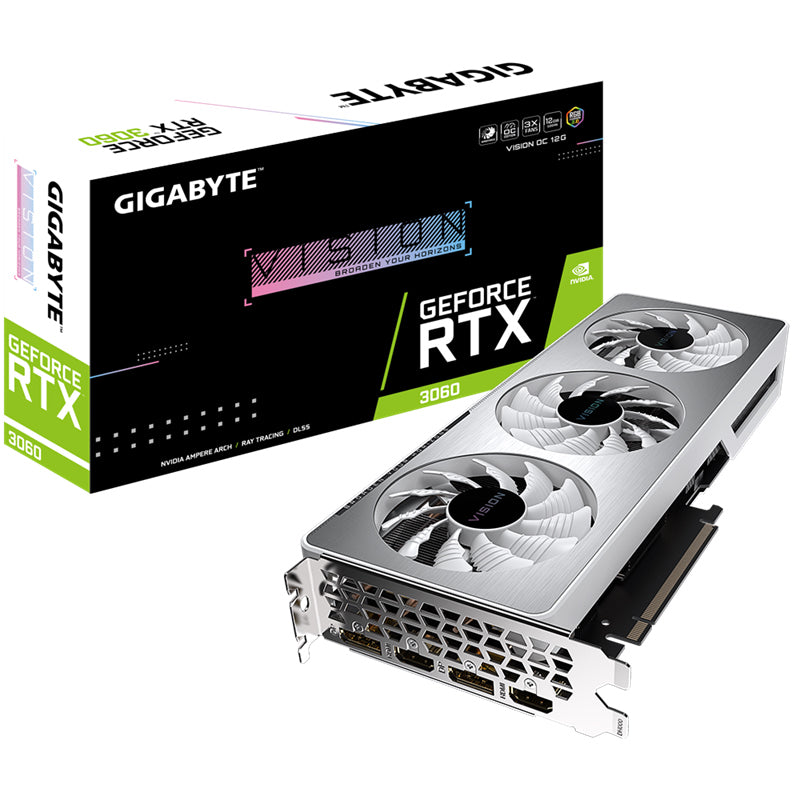 Gigabyte nVidia GeForce RTX 3060 VISION OC 12G rev 2.0 GDDR6 LHR Video Card, PCI-E 4.0, 1837 MHz Core Clock, 2x DisplayPort 1.4a, 2x HDMI 2.1 (LS)